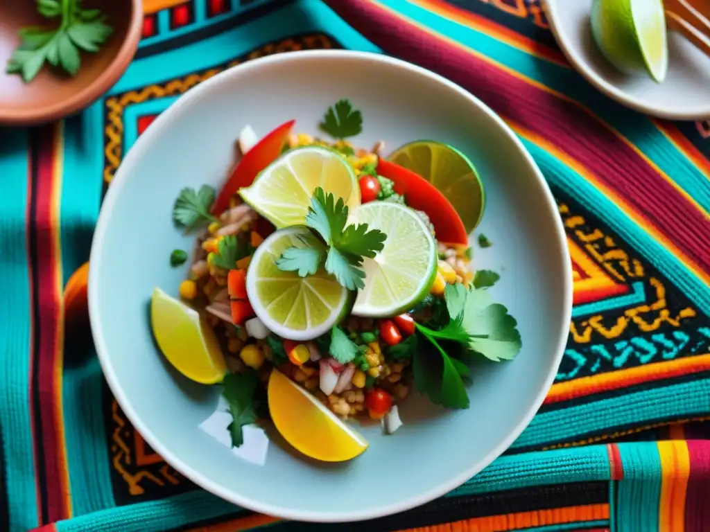 Exquisita cocina peruana: ceviche con limón, cilantro y ají en plato de cerámica tradicional, rodeado de elementos iconográficos