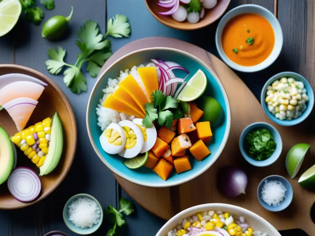 Exquisita cocina saludable peruana platos ligeros con ceviche vibrante y colorido en mesa de madera rustica