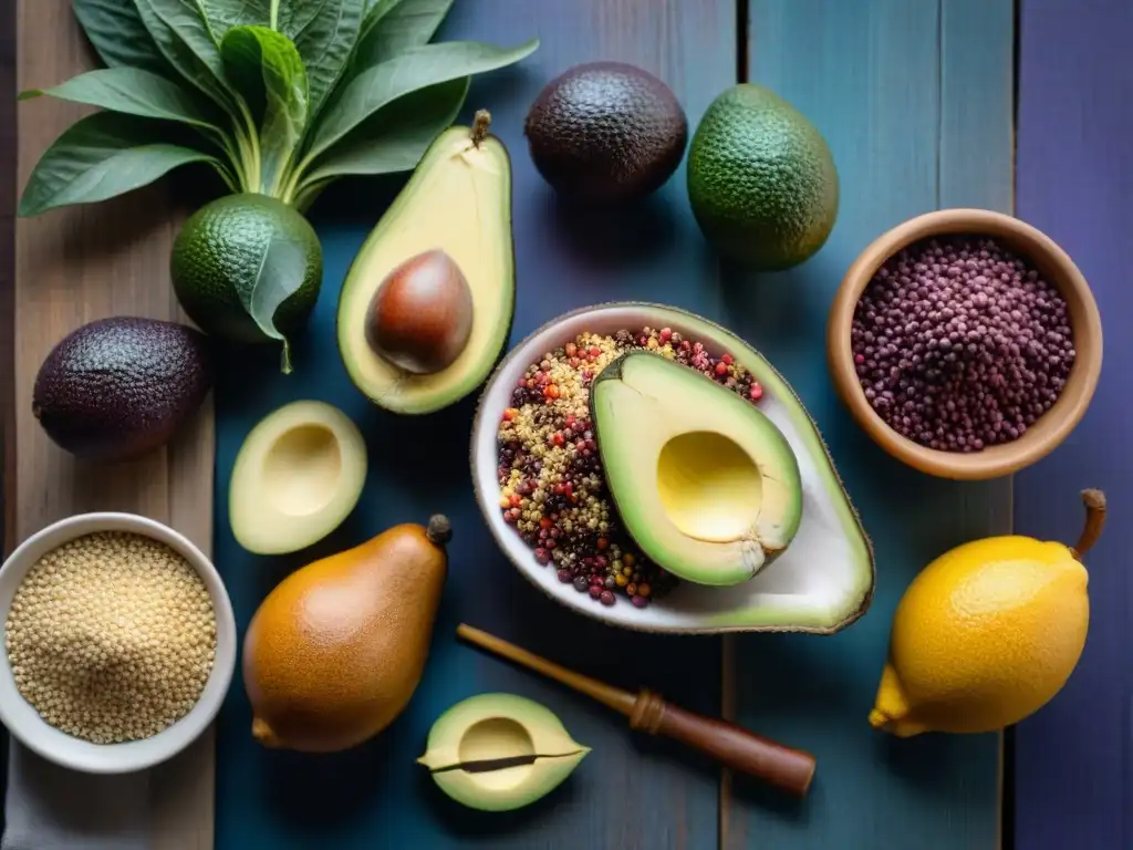 Exquisita variedad de ingredientes peruanos en imagen detallada Una exquisita composición de ingredientes orgánicos peruanos resalta sus colores y texturas