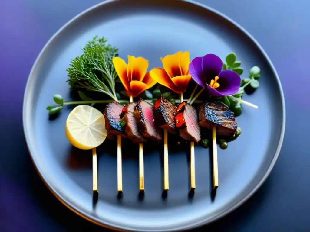 Exquisita presentación contemporánea de anticuchos en plato blanco con flores moradas y microgreens, sobre fondo negro