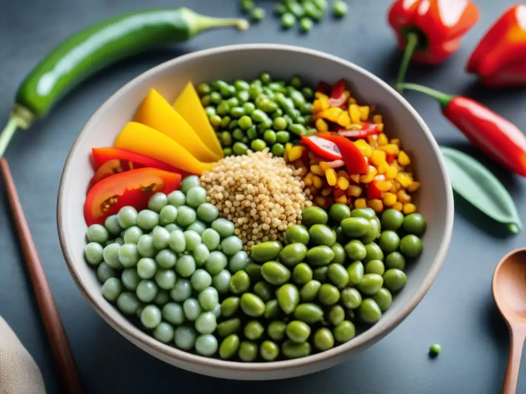Ensalada andina: cañihua y vegetales frescos en cuenco de madera Una exquisita ensalada de cañihua con vegetales coloridos y aderezo, en un tazón de madera rústico