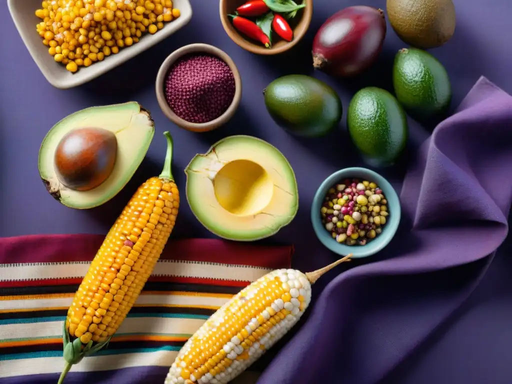 Una exquisita exhibición de ingredientes autóctonos peruanos sobre textil tradicional