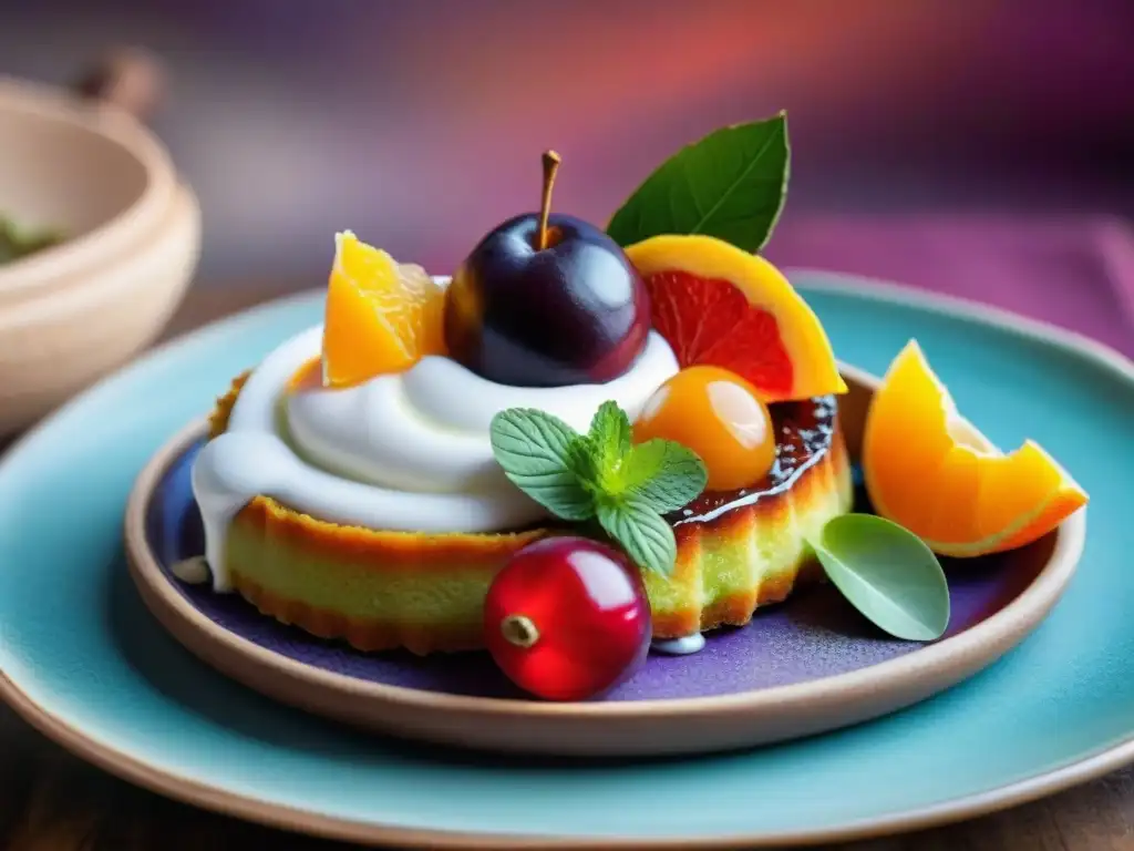 Una exquisita exhibición de postres tradicionales peruanos sabrosos en platos de cerámica rústica, decorados con frutas frescas y hierbas