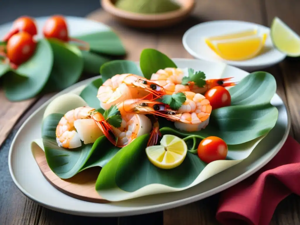 Una exquisita fusión de biodiversidad en la gastronomía marina de Perú: coloridos cultivos y mariscos frescos sobre una mesa rústica