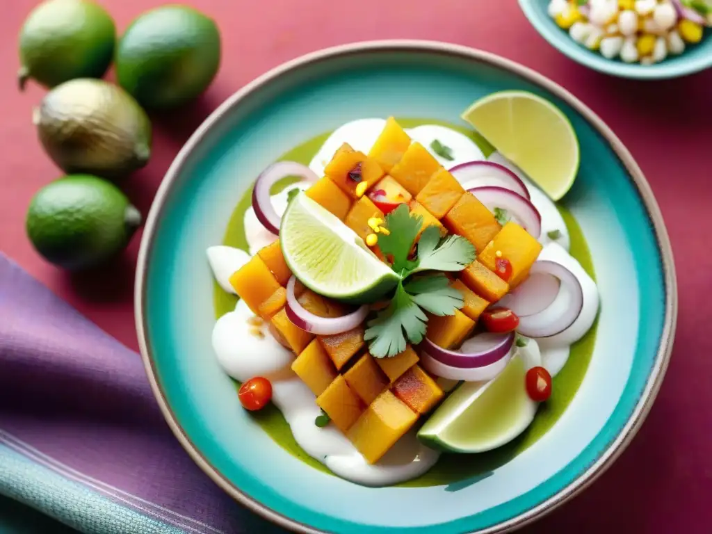 Una exquisita fusión de sabores y colores de la gastronomía peruana en un ceviche tradicional contemporáneo