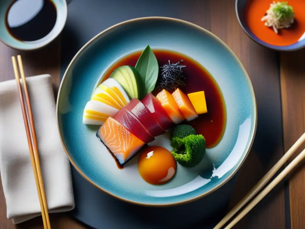 Una exquisita fusión de sabores en un plato de Cocina Nikkei Peru Japón, colores vibrantes y detalles intrincados