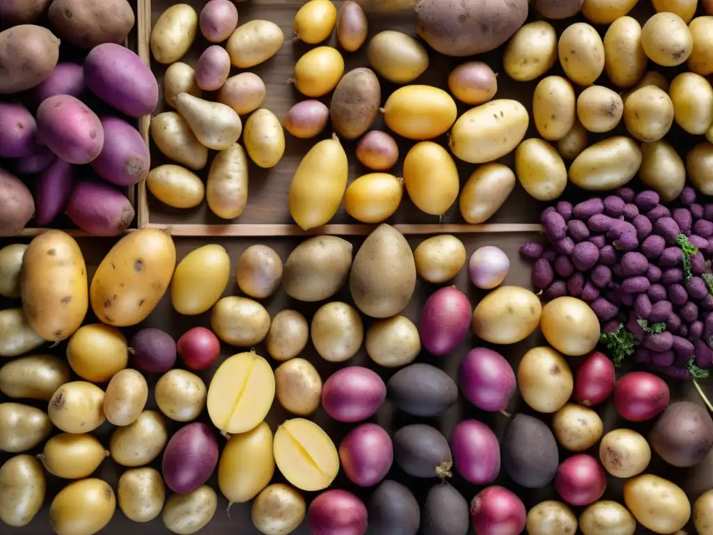 Una exquisita fusión de variedades de papas peruanas, resaltando su diversidad de colores, formas y texturas