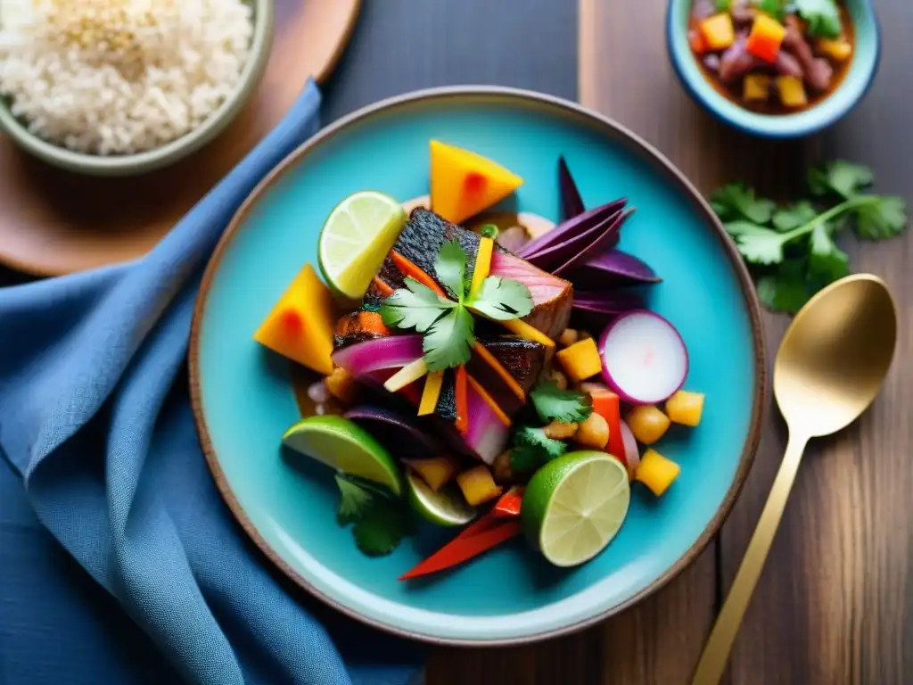 Exquisita gastronomía peruana beneficios salud mental, ceviche o lomo saltado con colores vibrantes y ingredientes frescos