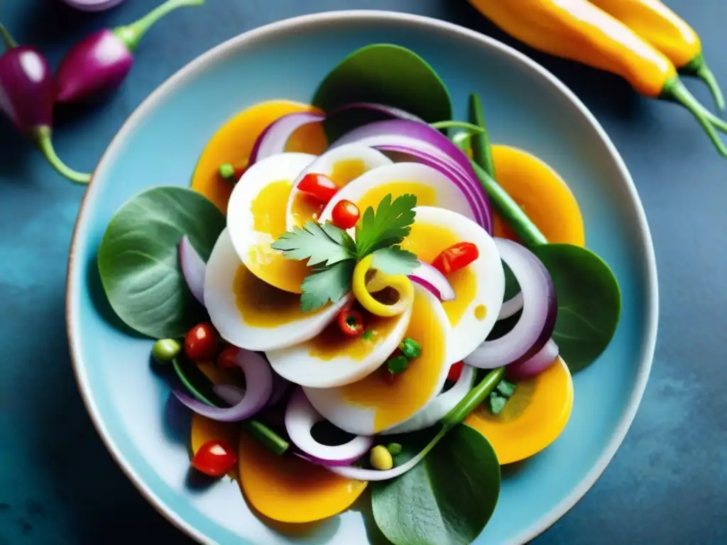 Exquisita gastronomía peruana con ingredientes autóctonos en un vibrante ceviche, en un mercado peruano