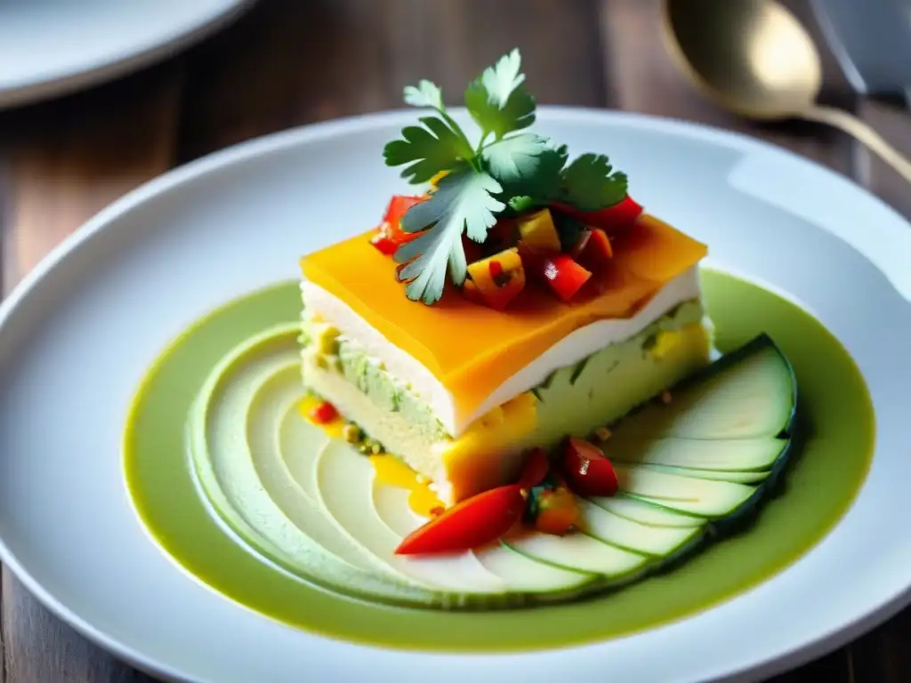 Exquisita presentación gastronómica de Causa Limeña con capas y colores vibrantes