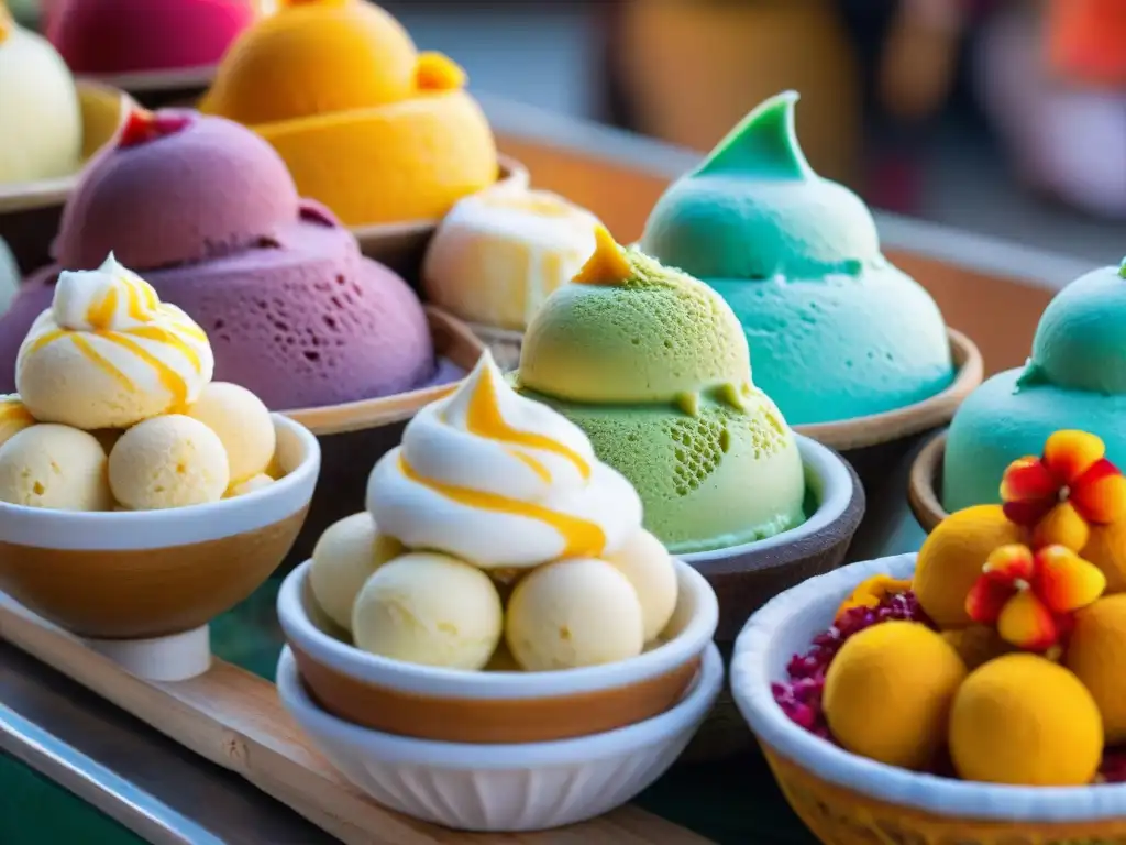 Exquisita exhibición de helados peruanos con sabores exóticos y coloridos, en innovaciones helados frutas exóticas