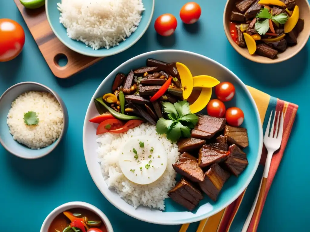 Una exquisita imagen de un vibrante plato de lomo saltado rodeado de guarniciones peruanas