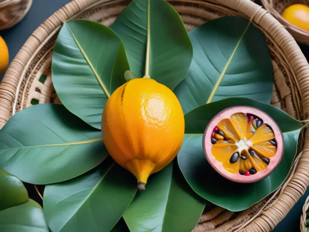 Una exquisita lúcuma recién cortada con sus vibrantes colores y texturas, rodeada de hojas verdes y una cesta rústica