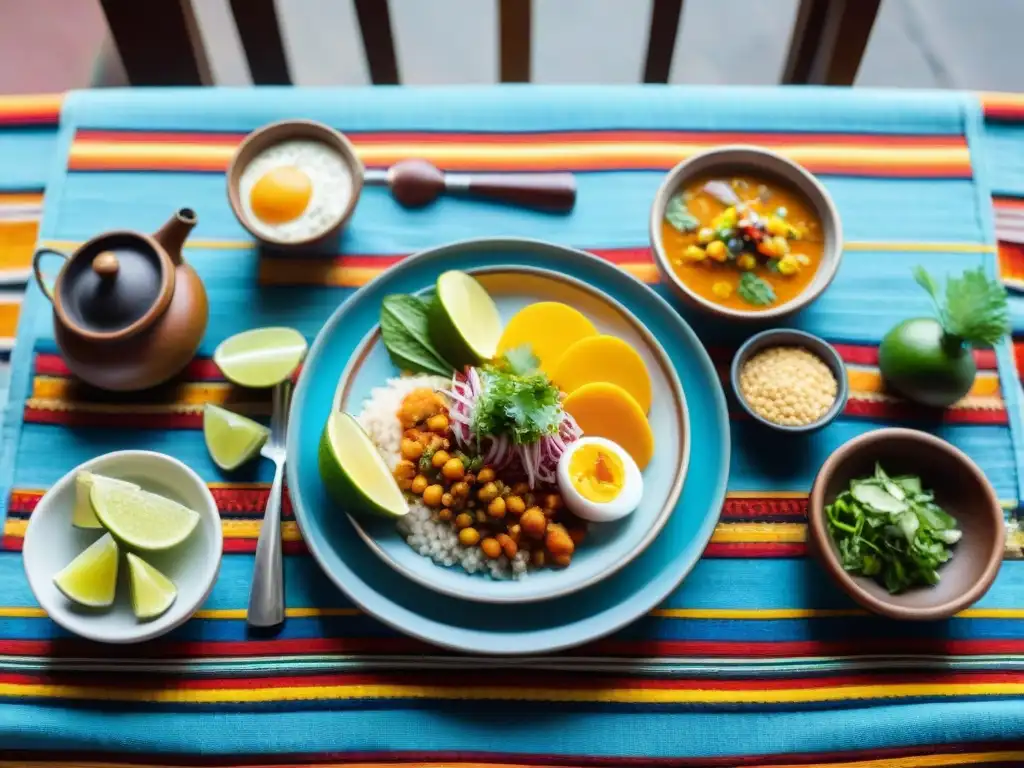 Exquisita mesa colonial peruana con platos tradicionales y ingredientes autóctonos