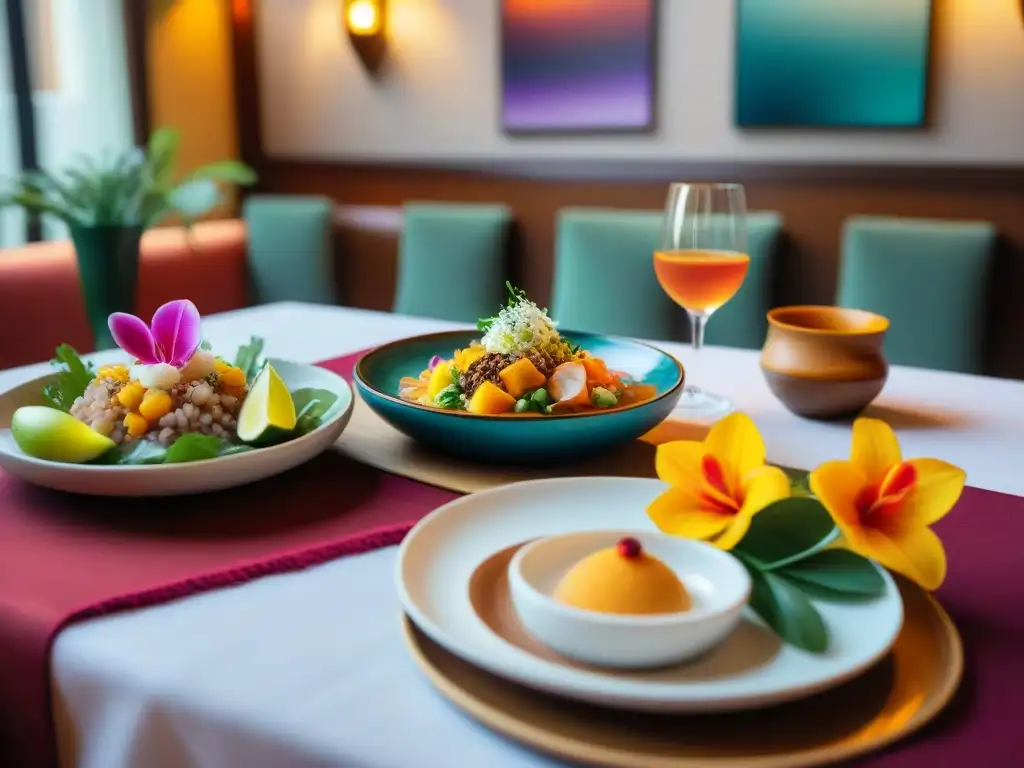 Exquisita mesa en restaurante de lujo en Lima con platos peruanos y decoración elegante