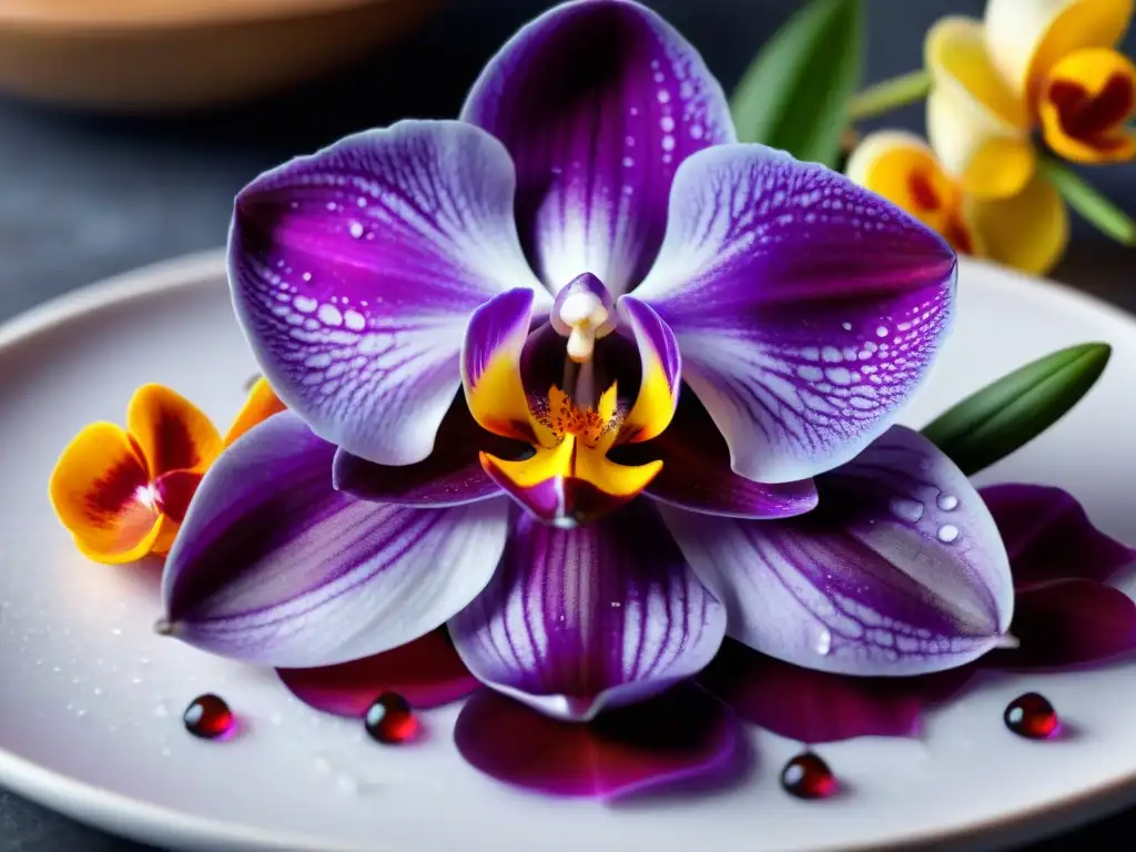 Exquisita orquídea morada sobre plato peruano con flores comestibles