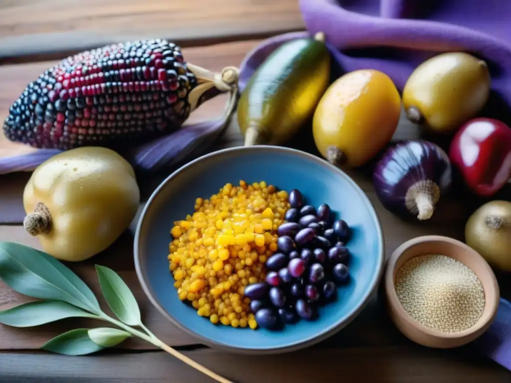 Una exquisita muestra de la cocina criolla peruana con ingredientes autóctonos vibrantes y frescos sobre una mesa rústica