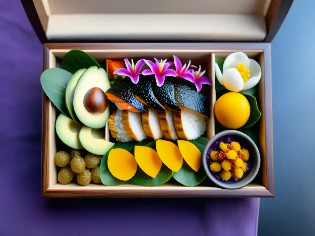 Exquisita fusión de gastronomía peruana y japonesa en un precioso bento tradicional