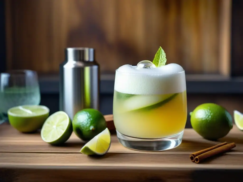 Una exquisita fotografía de un Pisco Sour adornado con limón peruano y canela, sobre una mesa rústica