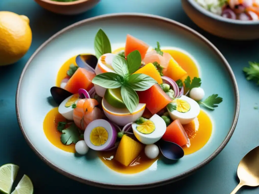 Una exquisita Fotografía de platos de comida peruana, ceviche vibrante y colorido con ingredientes frescos en un plato artesanal