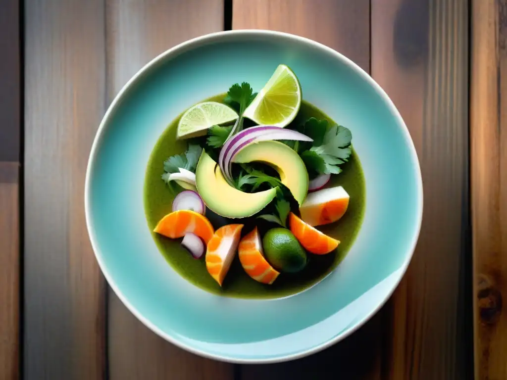Exquisito ceviche peruano: arte culinario en detalle Una exquisita fotografía de platos marinos peruanos, ceviche en plato de cerámica con aguacate, cebolla roja y cilantro, bañado en limón
