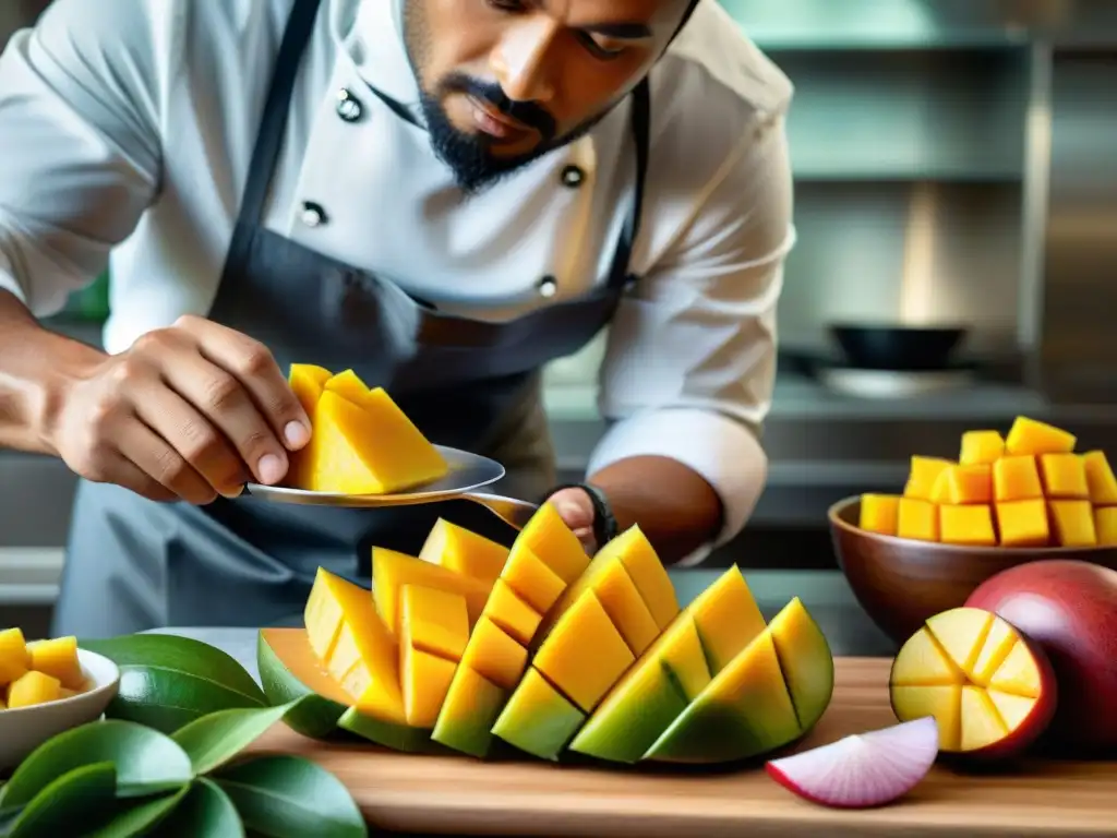 Exquisita preparación de Ceviche de Mango receta paso a paso: expertas manos cortando mango jugoso en cocina reluciente