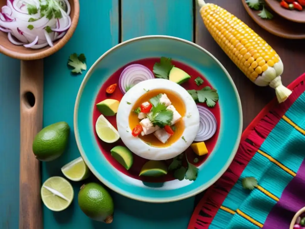 Una exquisita presentación de ceviche peruano con ingredientes autóctonos, en un plato de cerámica colorido sobre mesa rústica