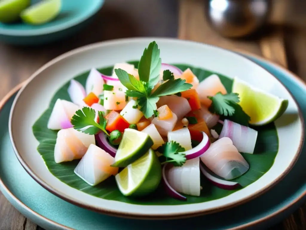 Una exquisita presentación de ceviche peruano recién preparado, destacando sus beneficios saludables