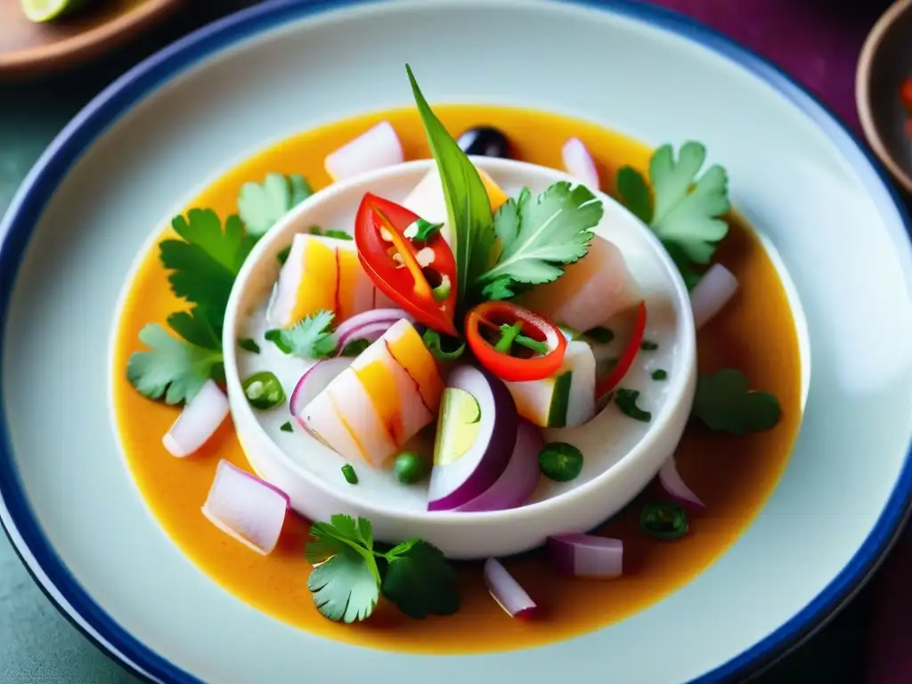 Exquisita presentación de ceviche peruano, gastronomía peruana platos tradicionales