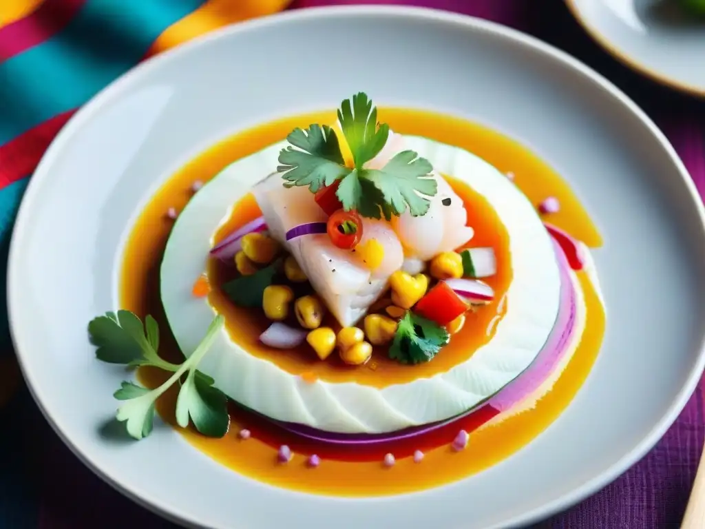 Una exquisita presentación de ceviche peruano, un plato tradicional de la gastronomía peruana, en un entorno de lujo