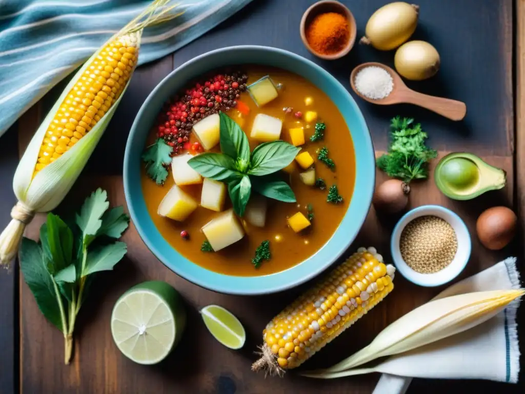 Una exquisita presentación de ingredientes tradicionales para sopas y caldos peruanos en una mesa rústica