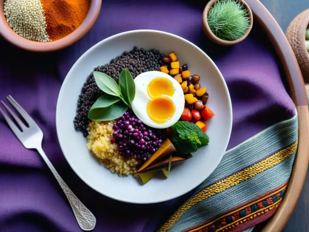 Una exquisita presentación de platos andinos en la gastronomía peruana, con detalles coloridos y texturas vibrantes en un ambiente rústico y elegante