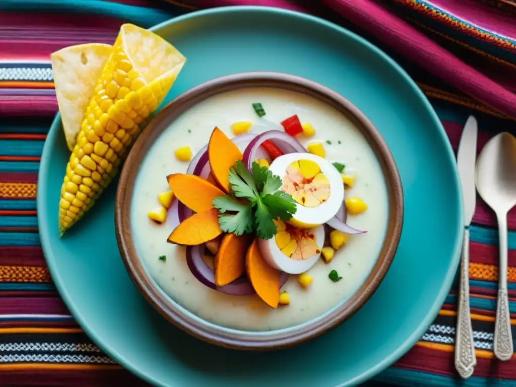 Deléitate con la exquisita receta de ceviche peruano con Leche de Tigre, enmarcada en vibrantes textiles peruanos