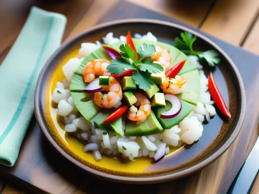 Exquisita receta leche de tigre peruana: ceviche fresco con pescado, camarones y pulpo, decorado con aguacate, cilantro y chiles rojos