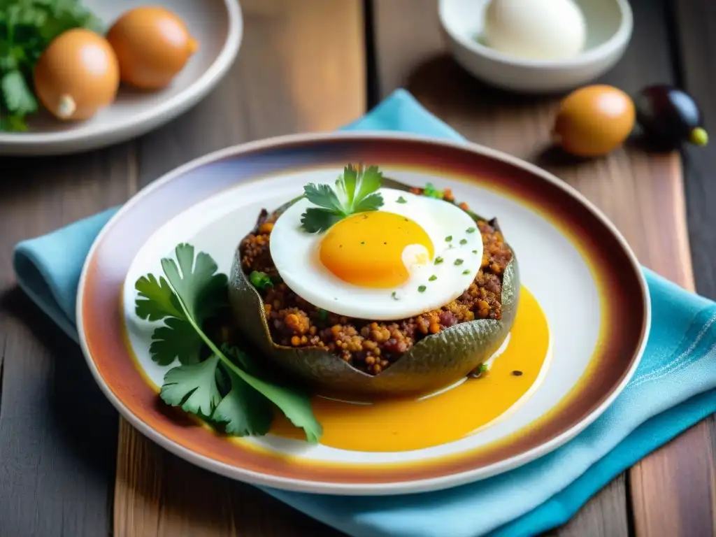 Una exquisita caigua rellena peruana sobre plato de cerámica, resalta en mesa rústica