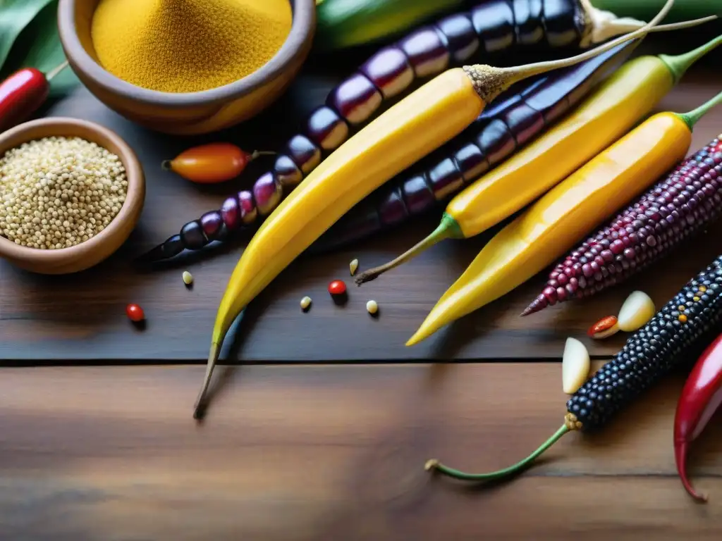 Una exquisita selección de ingredientes autóctonos de la gastronomía peruana resalta en una mesa rústica