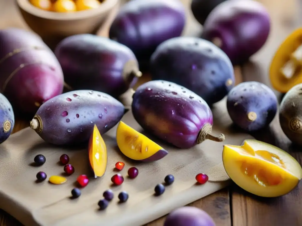 Tesoro orgánico peruano: colores, texturas y frescura Una exquisita selección de ingredientes orgánicos peruanos en una mesa rústica