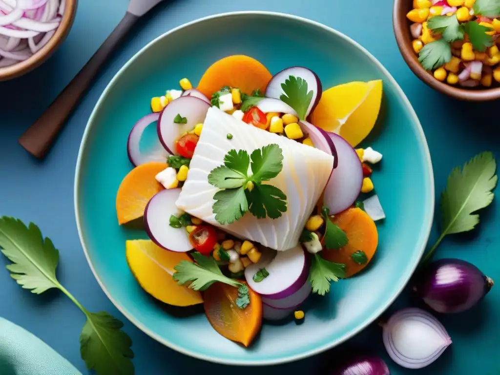 Exquisita gastronomía costeña en Perú: ceviche tradicional con pescado fresco, cebolla roja, ají, camote y maíz