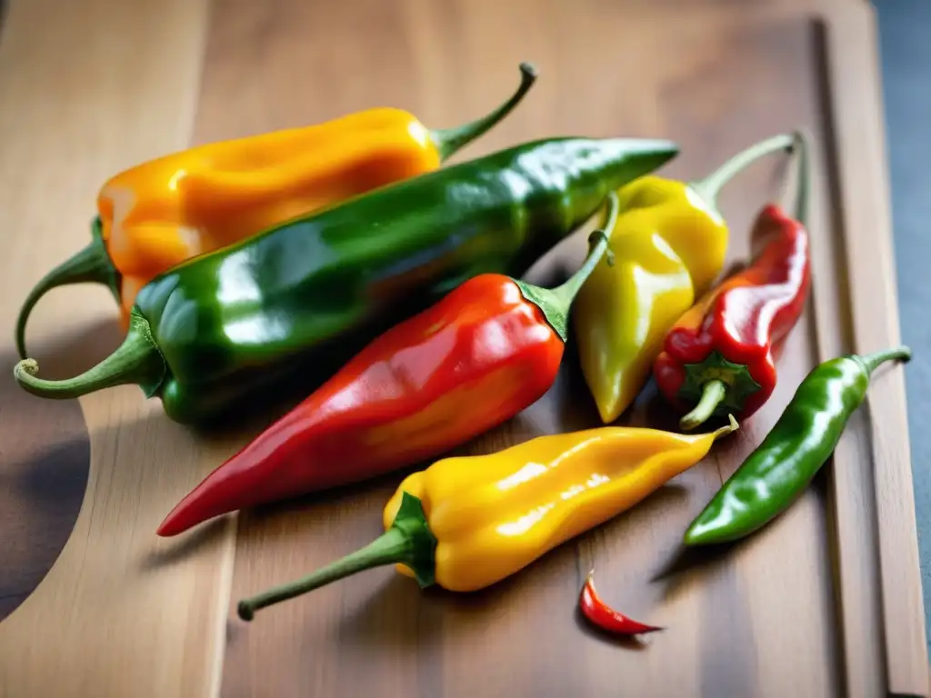 Exploración detallada: variedad de ajíes peruanos en un corte de madera Una exquisita variedad de ajíes peruanos en una detallada imagen