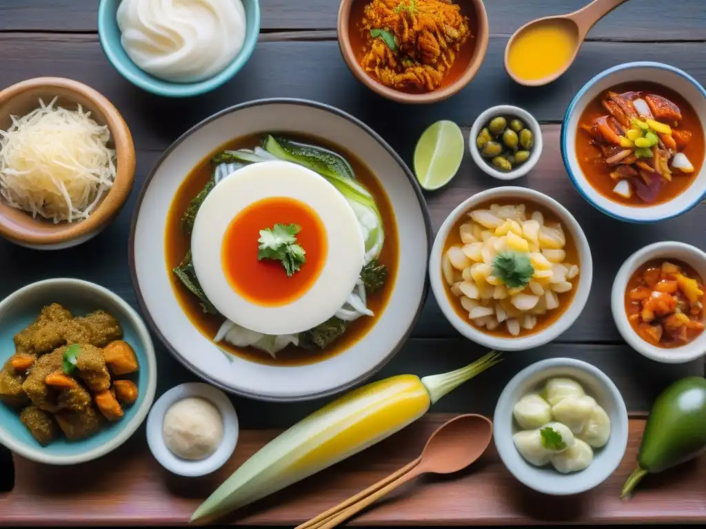 Una exquisita variedad de alimentos fermentados peruanos en una mesa de madera rústica