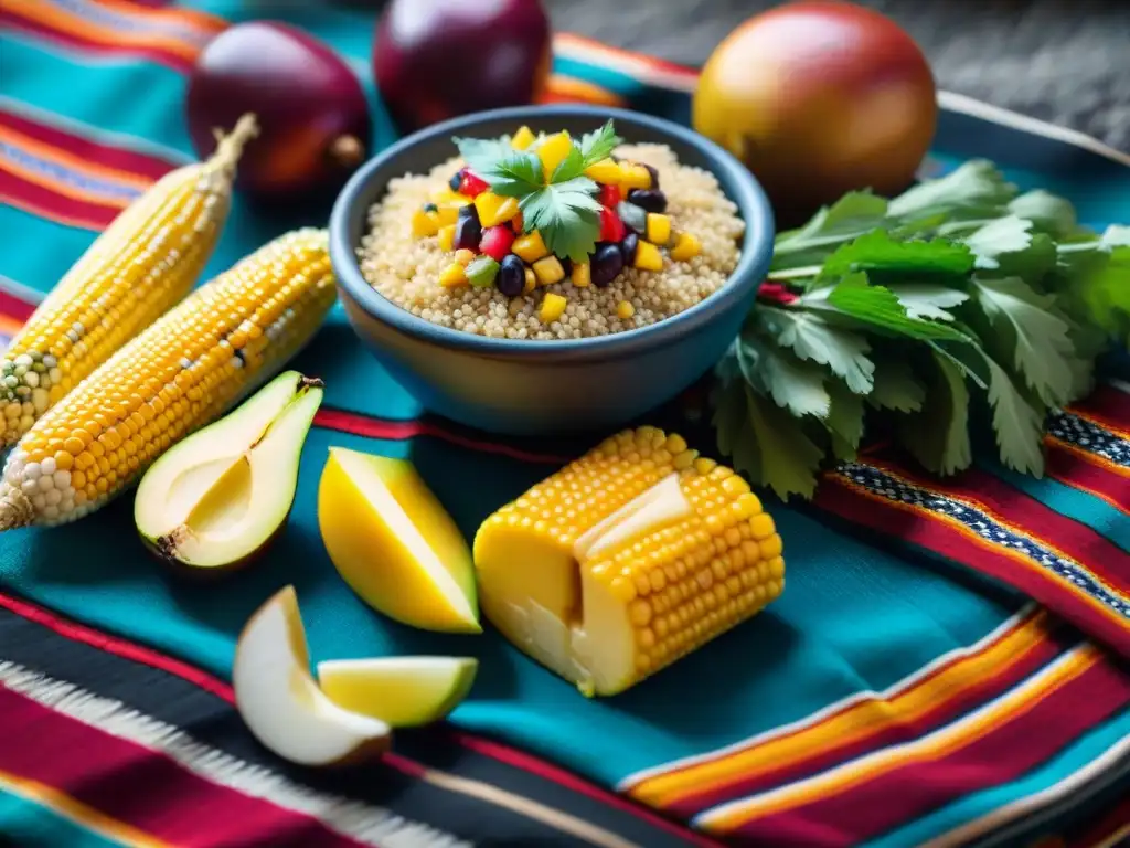 Una exquisita variedad de alimentos tradicionales incas en Perú, como quinua, maíz y papas, sobre una tela andina tejida