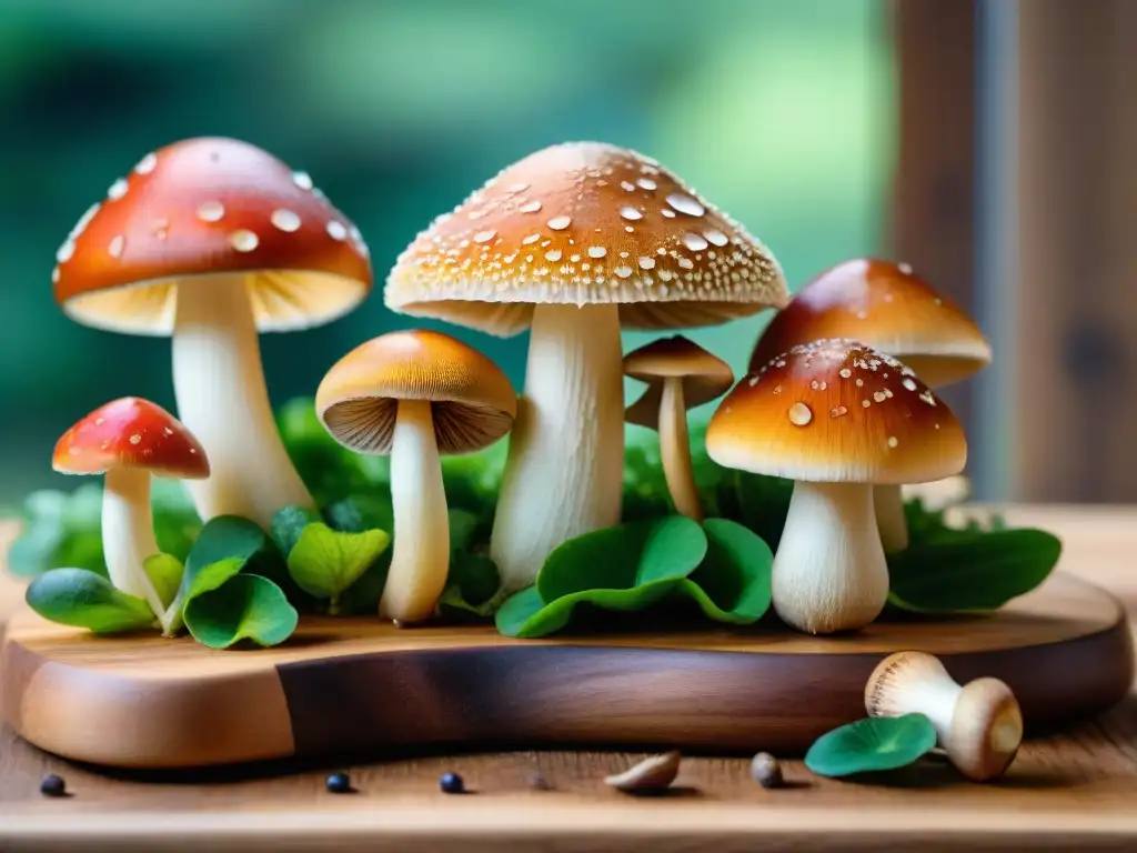 Surtido fresco de setas en tabla de madera: detalle y color Una exquisita variedad de champiñones frescos en tabla de madera, listos para preparar una receta ceviche vegetariano champiñones