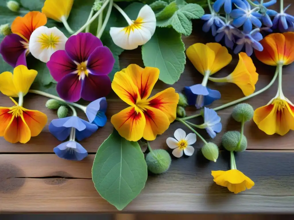 Una exquisita variedad de flores comestibles en platos peruanos, deslumbrando con sus colores vivos y formas únicas en una imagen detallada y vibrante