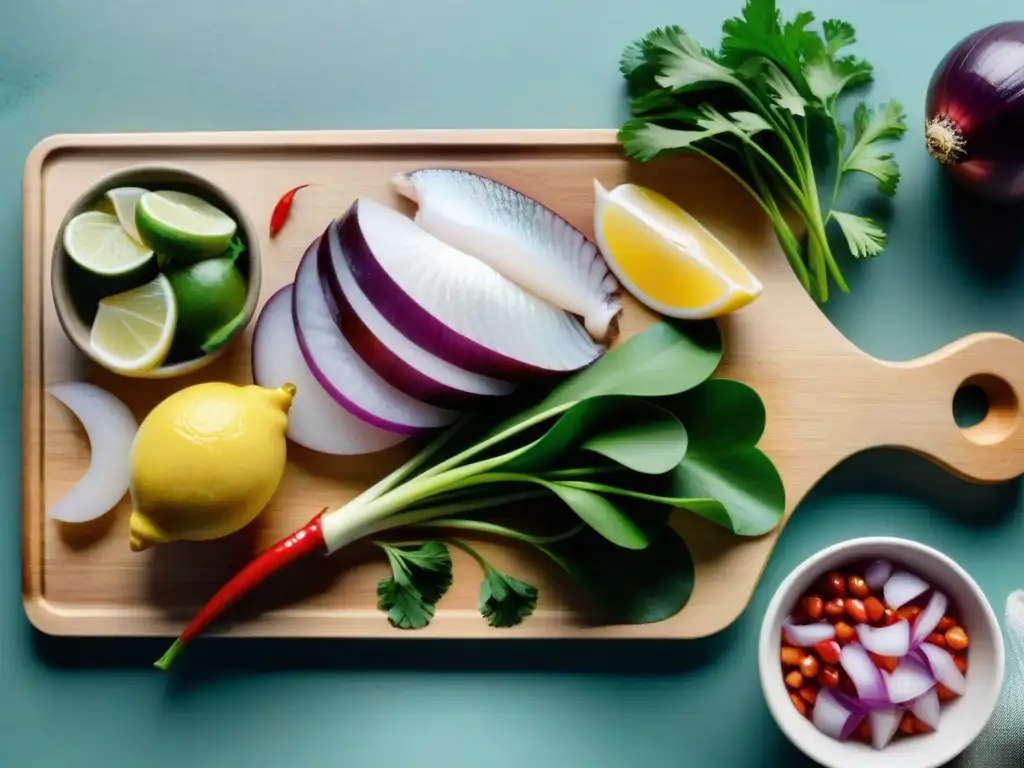 Una exquisita variedad de ingredientes frescos para ceviche, en una composición vibrante y elegante