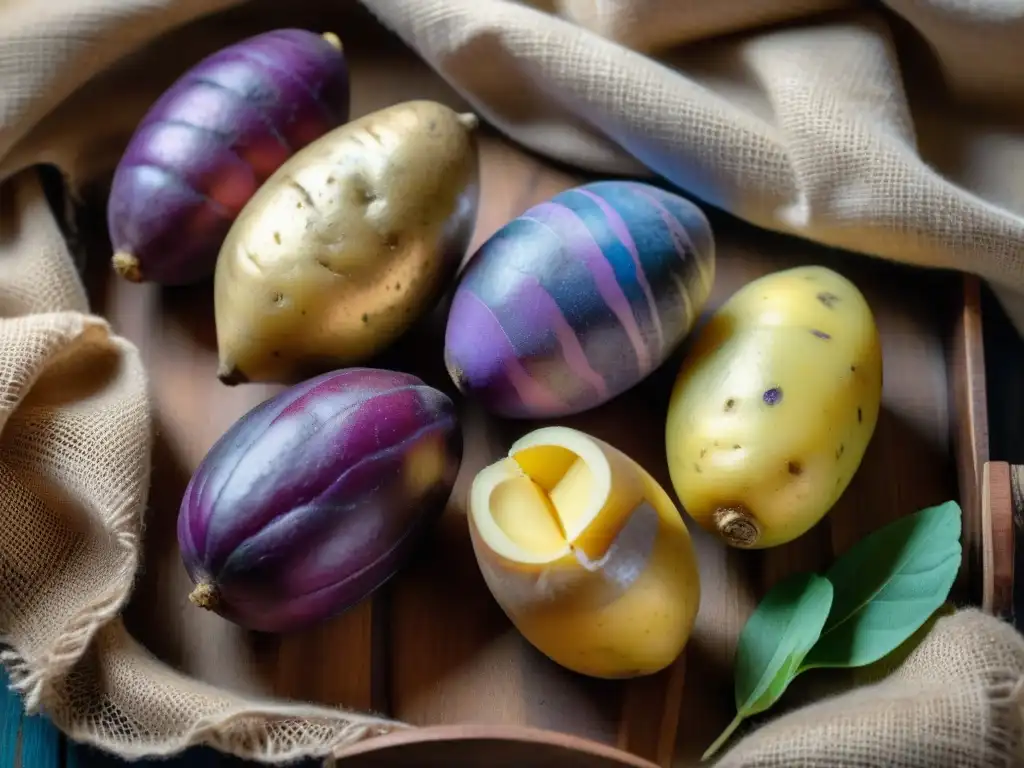 Una exquisita variedad de papas peruanas en una imagen detallada y colorida, mostrando sus formas, tamaños y texturas únicas