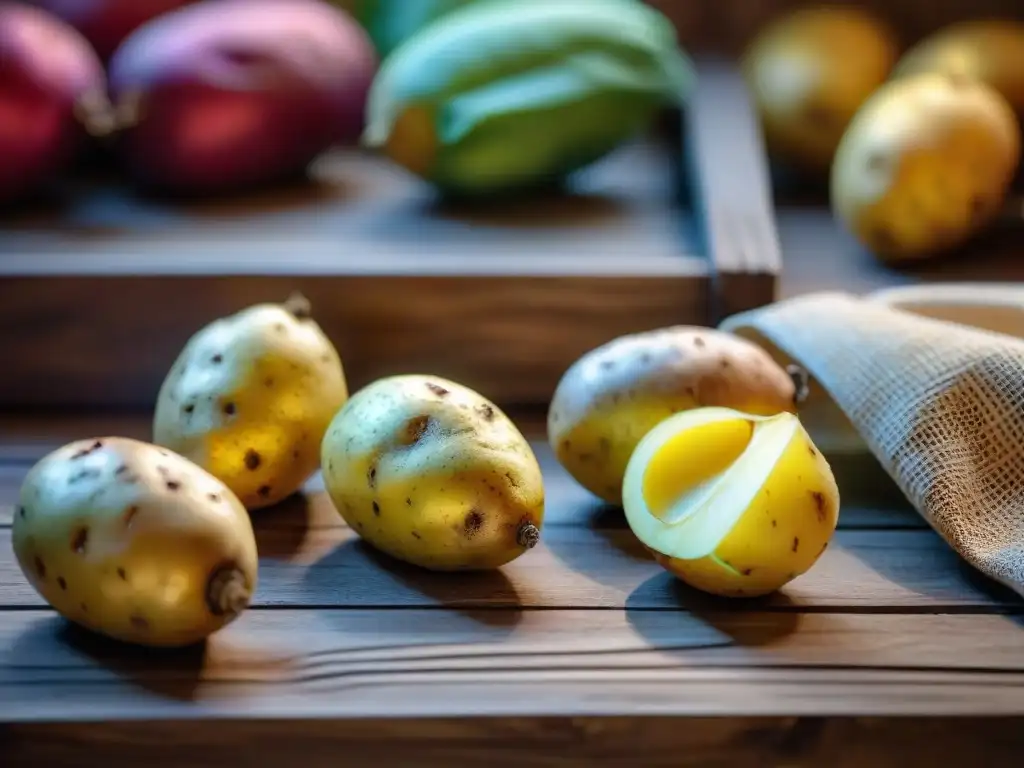 Una exquisita variedad de papas peruanas autóctonas en una imagen detallada y vibrante sobre una mesa de madera rústica