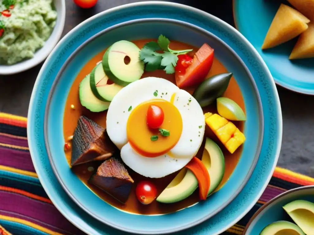 Una exquisita variedad de platos peruanos en cerámica tradicional, reflejando los beneficios saludables del ceviche peruano