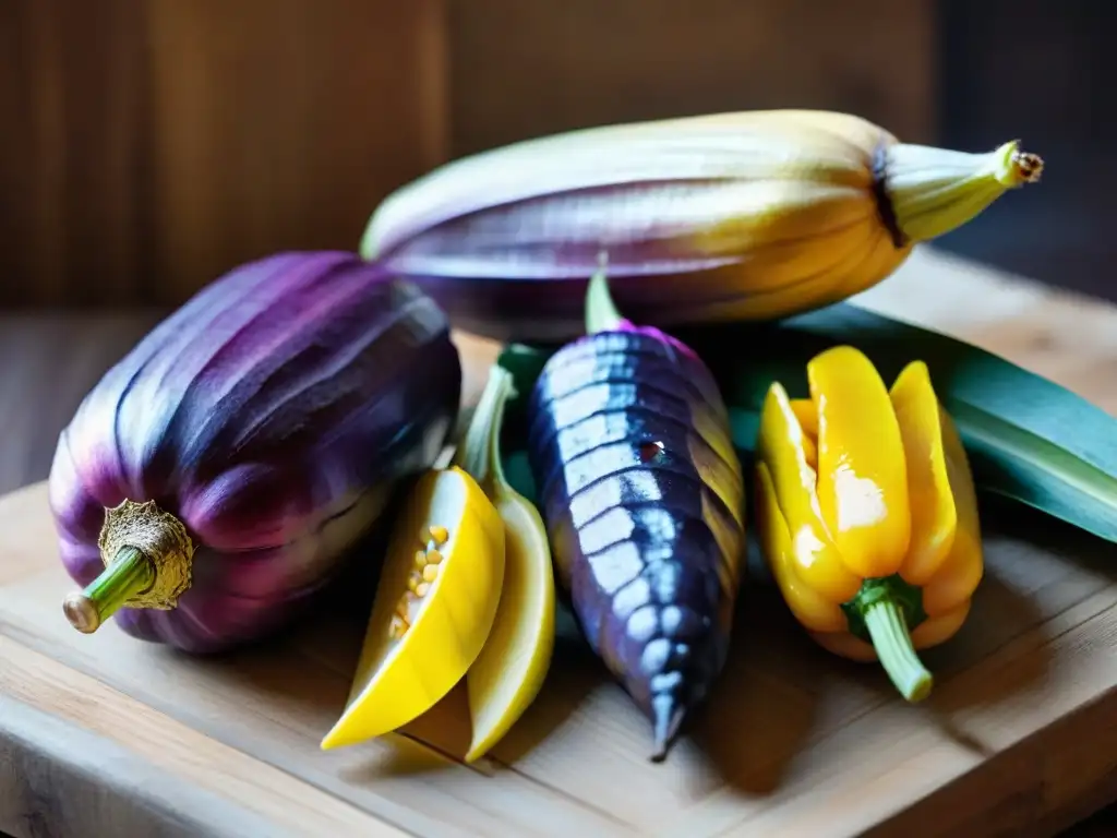 Una exquisita variedad de vegetales frescos de la cocina peruana, brillantes y coloridos sobre una mesa rústica de madera