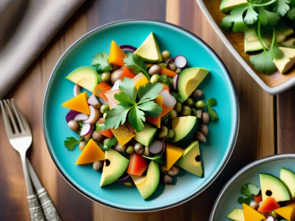 Una exquisita fotografía de cerca de un vibrante ceviche vegetariano peruano, fotografiar platos vegetarianos peruanos