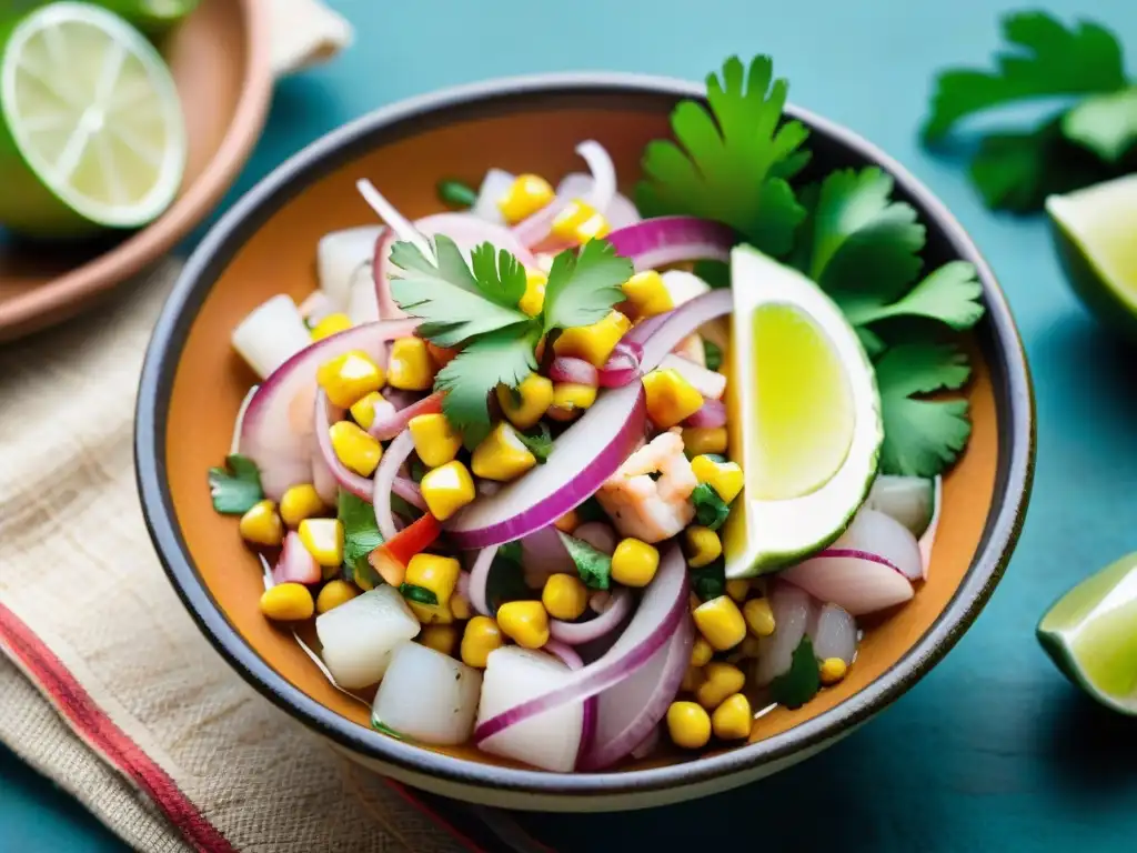 Una exquisita vista detallada de un ceviche peruano con ingredientes autóctonos y coloridos